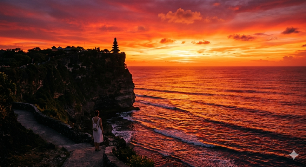 Spectacular sunset at Uluwatu Temple, a highlight of any bali travel information guide.
