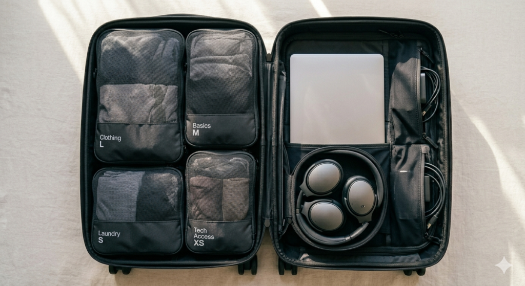 Organized interior of a travel bag with compression cubes - 2026 packing efficiency.
