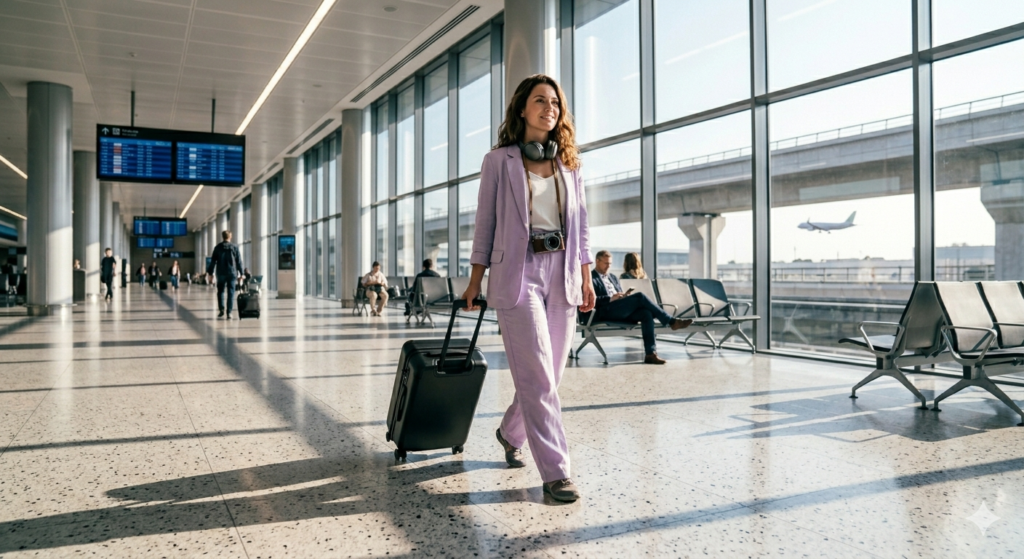 Stylish woman traveler in a lavender linen outfit effortlessly pulling a matte carry travel bag through a sun-drenched, glass-walled 2026 airport terminal.