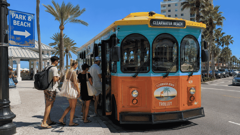 Jolley Trolley beach bus at Clearwater Beach Florida used for free park-and-ride service
