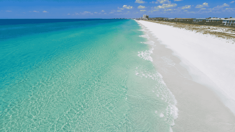 Aerial view of Destin Florida beach with emerald green water and white sand