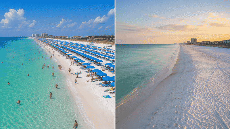 Comparison of Destin Florida beach in summer with crowds versus fall with empty sand