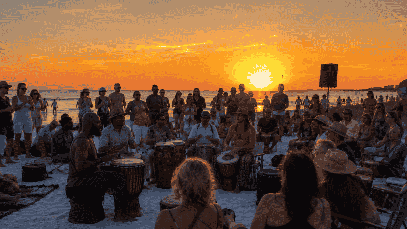 Sunday evening drum circle on Siesta Key Beach Florida at sunset with people gathered around drummers