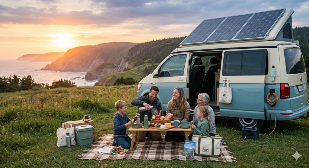 A family having a picnic next to their eco-friendly camper van with solar panels at sunset, perfect for sustainable road trip planning.