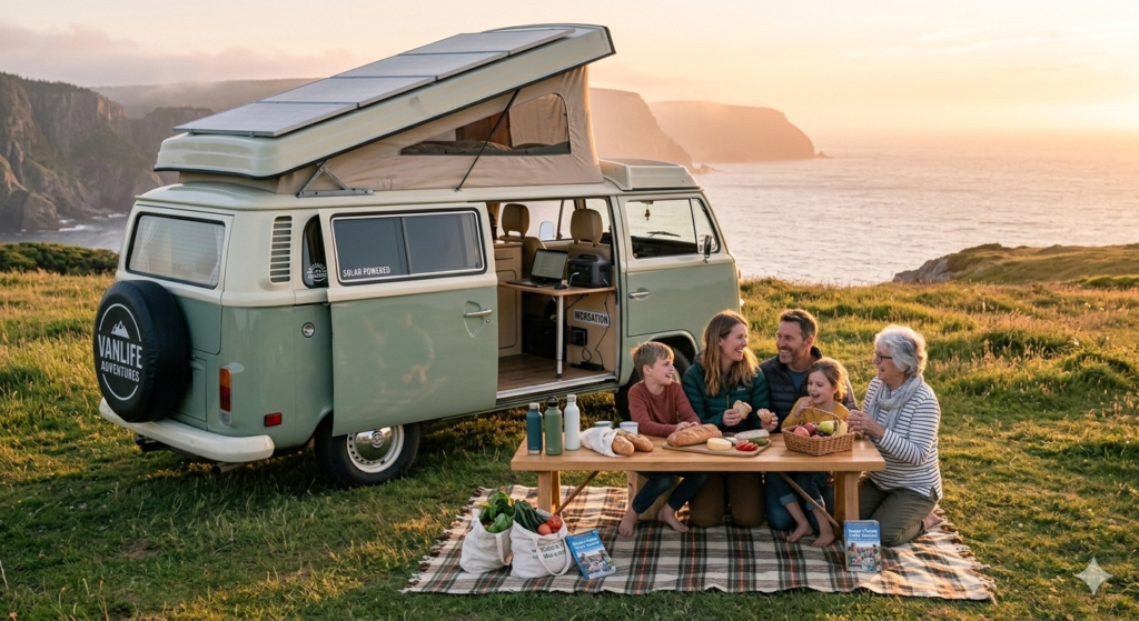 A multi-generational family having a picnic next to their modern-retro camper van with solar panels at sunset, perfect for sustainable workation spots for freelancers and budget-friendly family vacation ideas.