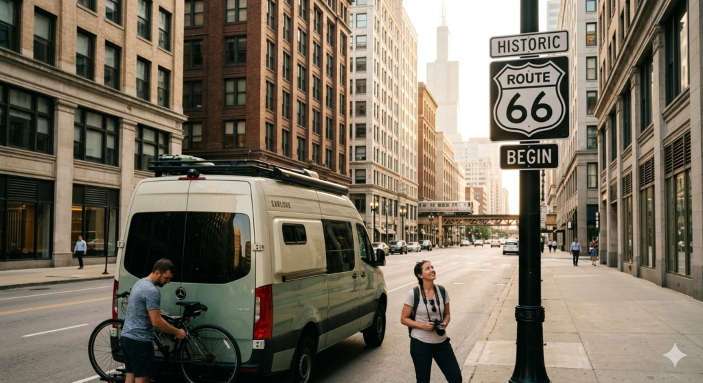 Route 66 Begin sign in Chicago during the 2026 Centennial celebrations.