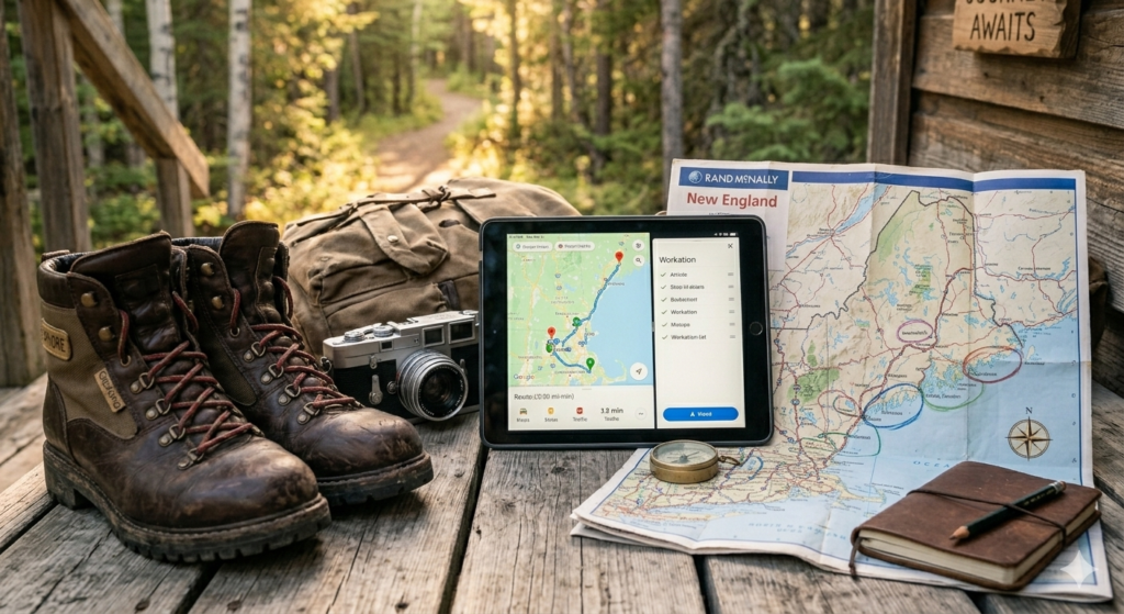 Digital tools and apps for planning a car road trip efficiently.