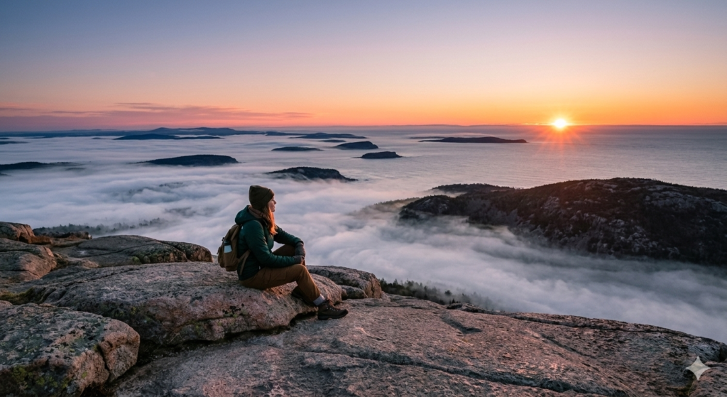 A lone traveler watches the first sunrise over a misty Atlantic coastline from Cadillac Mountain in Acadia National Park, Maine, embodying tranquility and self-recharge.
