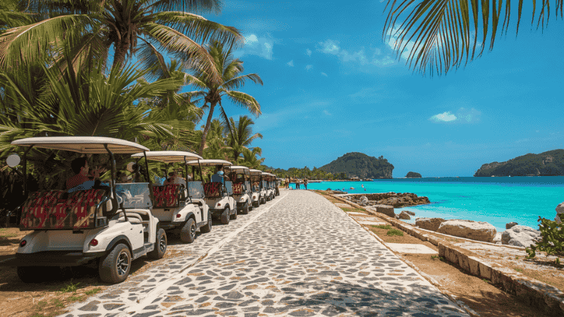 On the Abbergris Island of Belize, a rented golf cart is parked beside a bumpy limestone path, leading to the famous Secret Beach.