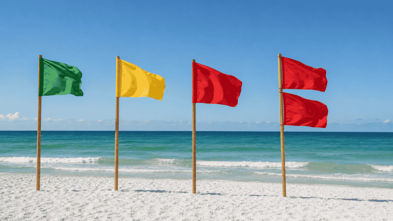 Beach warning flags showing green yellow and red flag colors on poles on a Florida beach