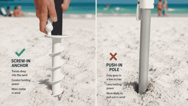 Comparison of spiral screw-in beach umbrella anchor versus straight push-in pole in white sand