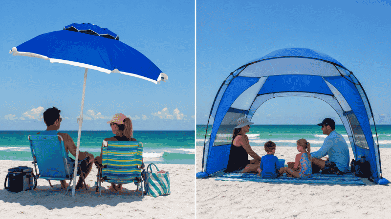 Comparison of traditional beach umbrella for couple versus pop-up beach tent shelter for family on white sand beach