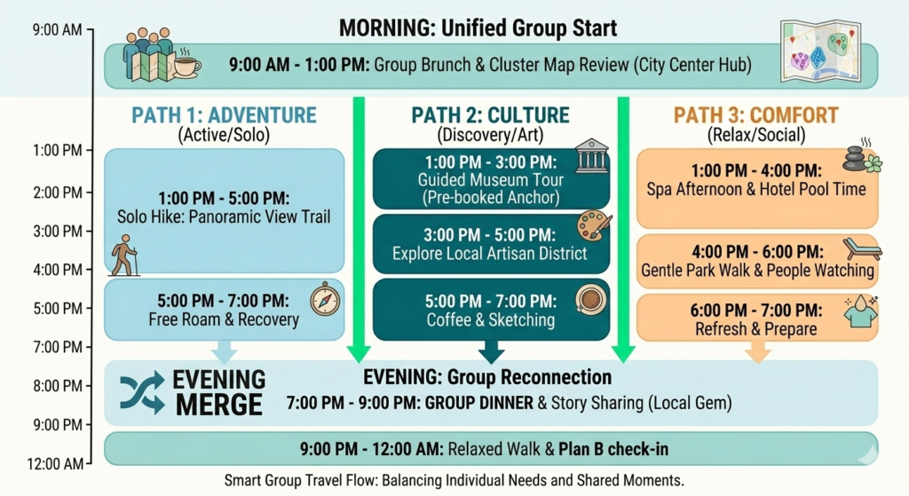 An infographic showing a group travel daily flow with shared morning start, split afternoon activities, and evening reunion.