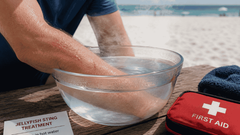 Person immersing stung arm in hot water for jellyfish sting first aid treatment at the beach