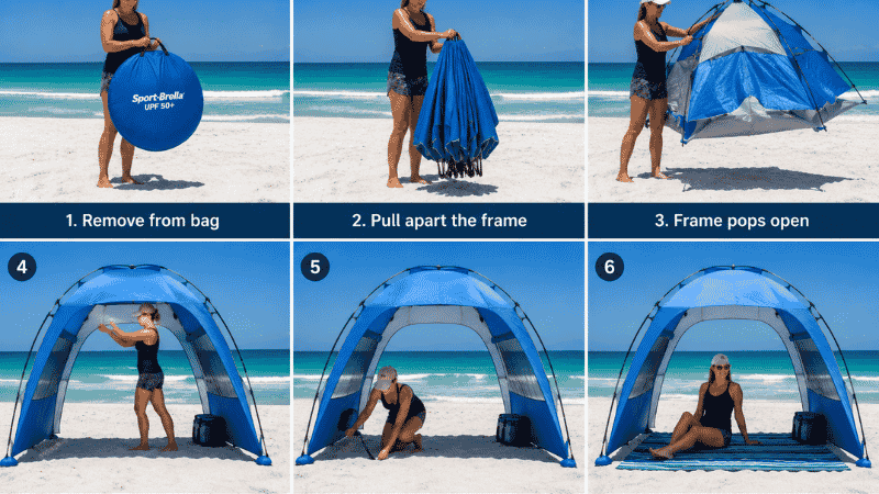 Person setting up a pop-up beach tent on a white sand Florida beach with the spring frame expanding automatically