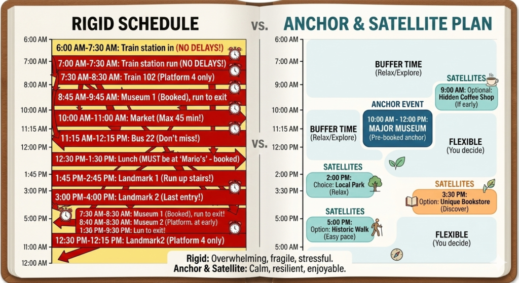 A side-by-side comparison chart showing a stressful rigid travel schedule versus a calm, flexible anchor and satellite itinerary.