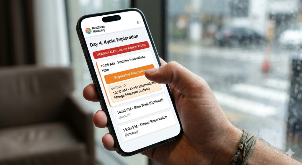 A smartphone screen displaying a travel itinerary with a red weather alert and a suggested alternative activity button being pressed.