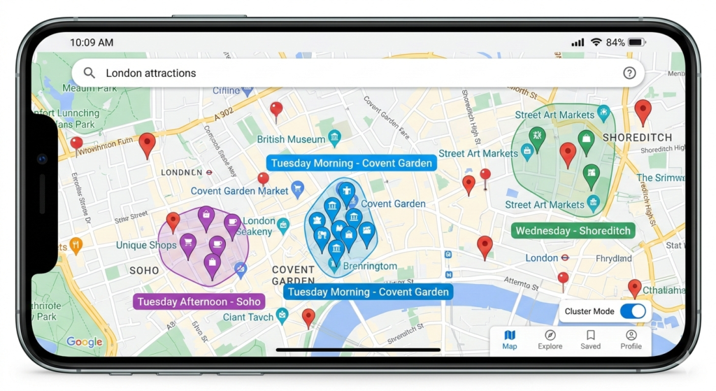 A smartphone screen showing color-coded map clusters for efficient London trip planning in 2026.