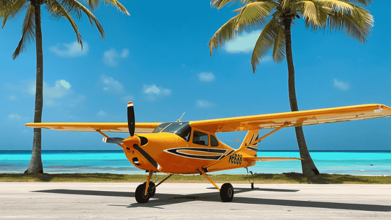 A small regional Tropic Air aircraft parked on a tropical runway, with the backdrop of palm trees and blue sky in Belize, showcases a safe transportation method for a full-service resort.
