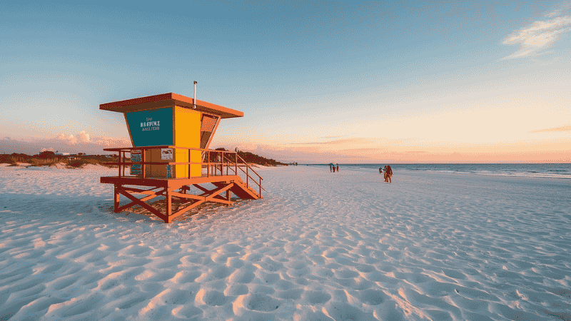 A wide-angle shot of the iconic primary-colored lifeguard stands on the expansive white quartz sands of Siesta Key Beach at sunrise.