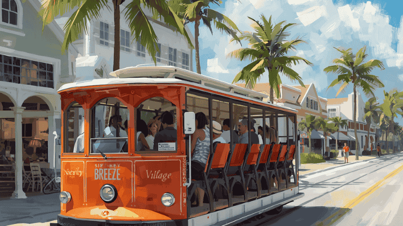 The blue Siesta Key Breeze trolley picking up beachgoers near the Siesta Key Village, offering a free transportation alternative to avoid parking issues.