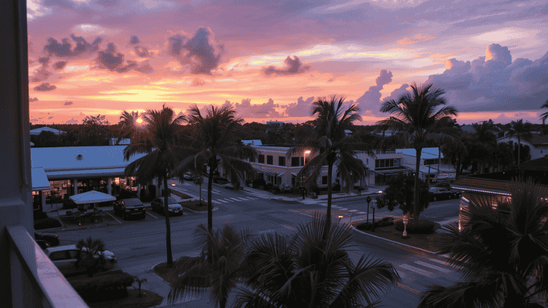 From the balcony of Siesta Key Village, one can enjoy the breathtaking view of the sunset. On both sides of the street, there are rows of tropical palm trees and bustling outdoor bars.