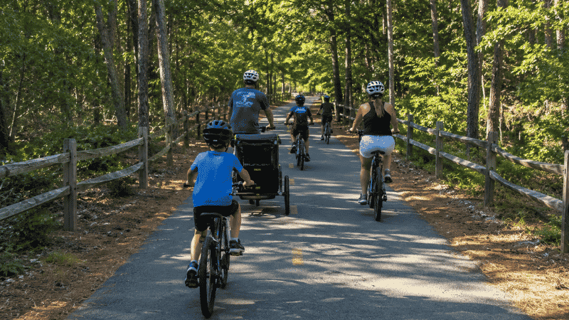 Family cycling together on the flat paved Cape Cod Rail Trail through shaded pine forest in Massachusetts on a summer day