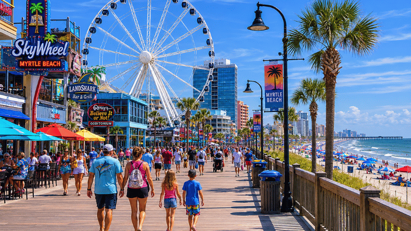 Families walking along the Myrtle Beach boardwalk promenade in South Carolina with the SkyWheel visible in the background