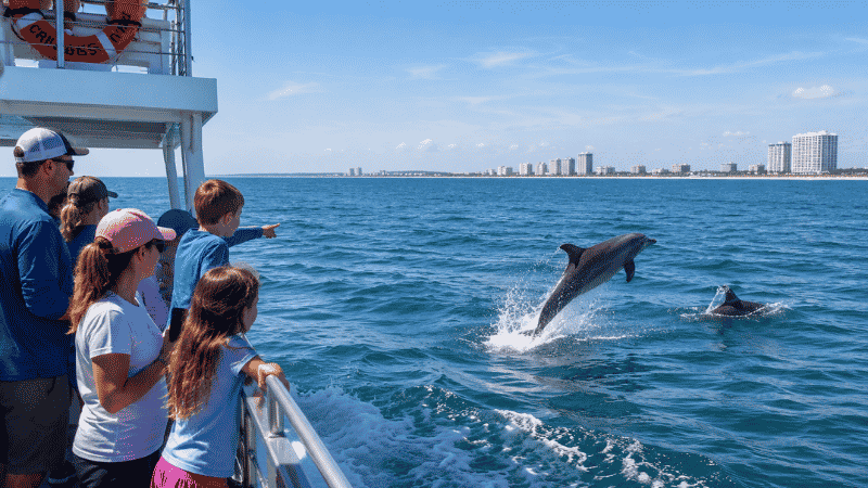 Family watching wild dolphins swimming alongside a cruise boat off Myrtle Beach South Carolina on a bright sunny morning
