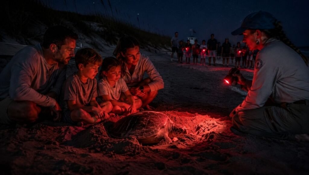 Family with children watching a loggerhead sea turtle nesting on the beach at night during a guided turtle watch program at Hilton Head Island