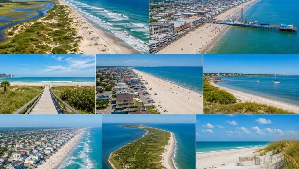 Aerial view of East Coast United States Atlantic coastline showing variety of beach types from wild barrier islands to classic boardwalk beach towns