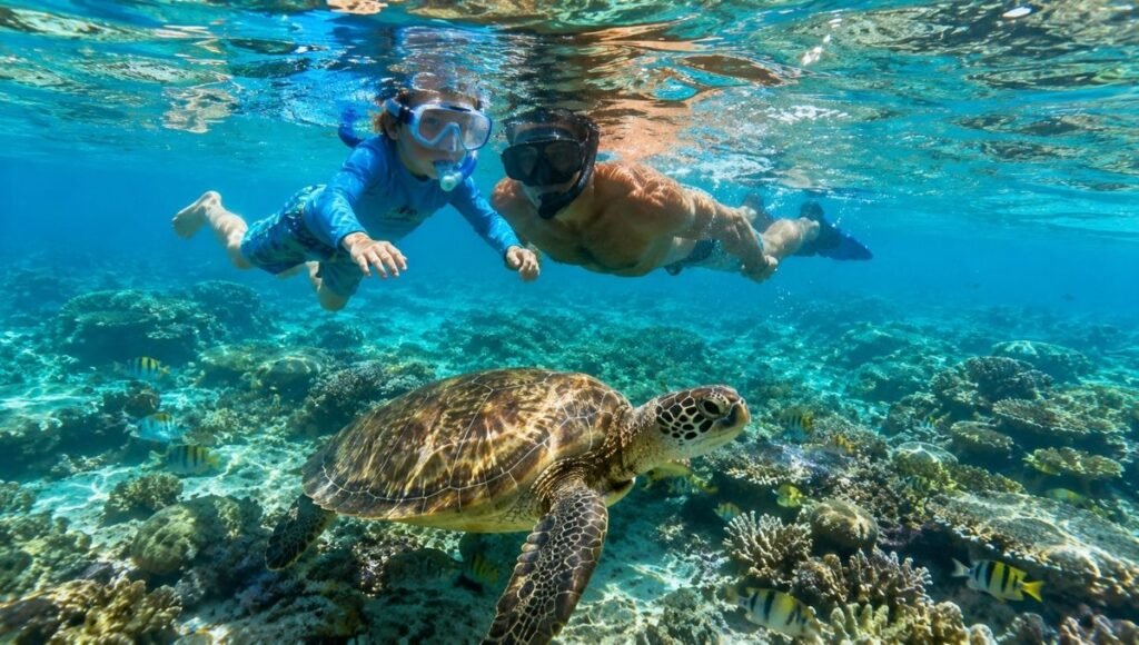 Parent and child snorkeling together in clear shallow turquoise water at Bight Reef Turks and Caicos with a green sea turtle swimming nearby and colorful tropical fish visible