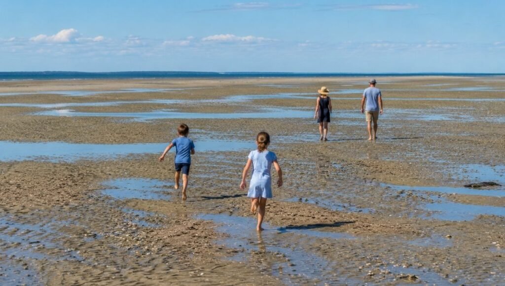Family exploring dramatic low tide sand flats at Brewster Cape Cod Massachusetts with children running on tidal flats and Cape Cod Bay in the background
