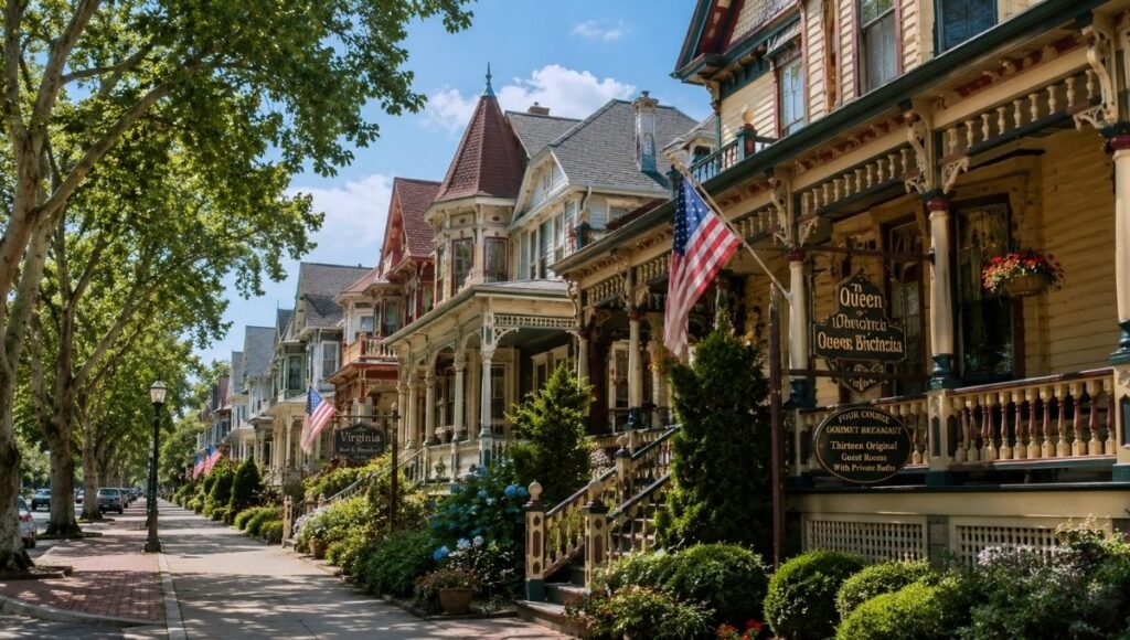 Row of colorful ornate Victorian bed and breakfast houses with wraparound porches in Cape May New Jersey National Historic Landmark district