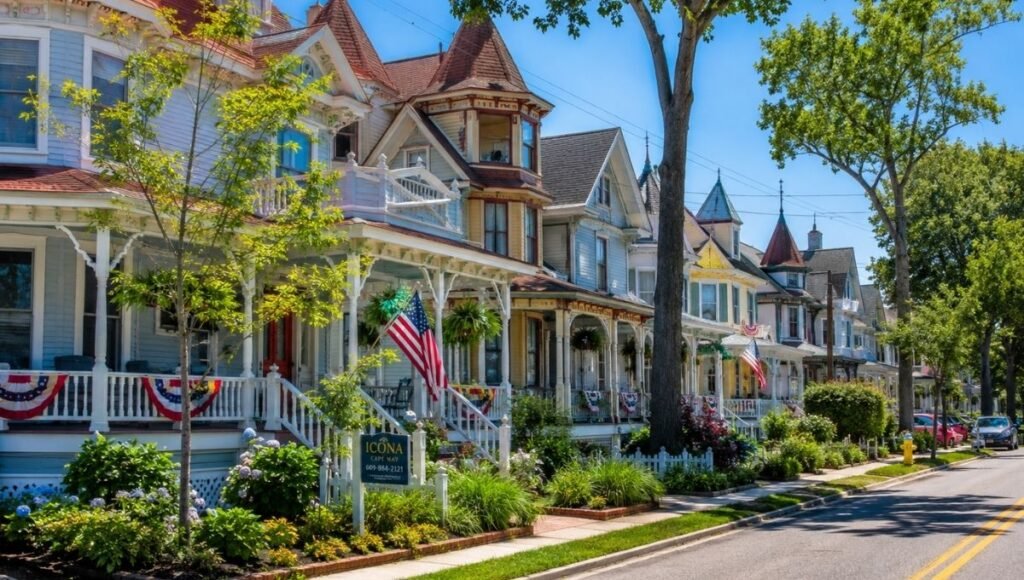 Row of colorful ornate Victorian houses with wraparound porches in Cape May New Jersey National Historic Landmark district on a bright summer day