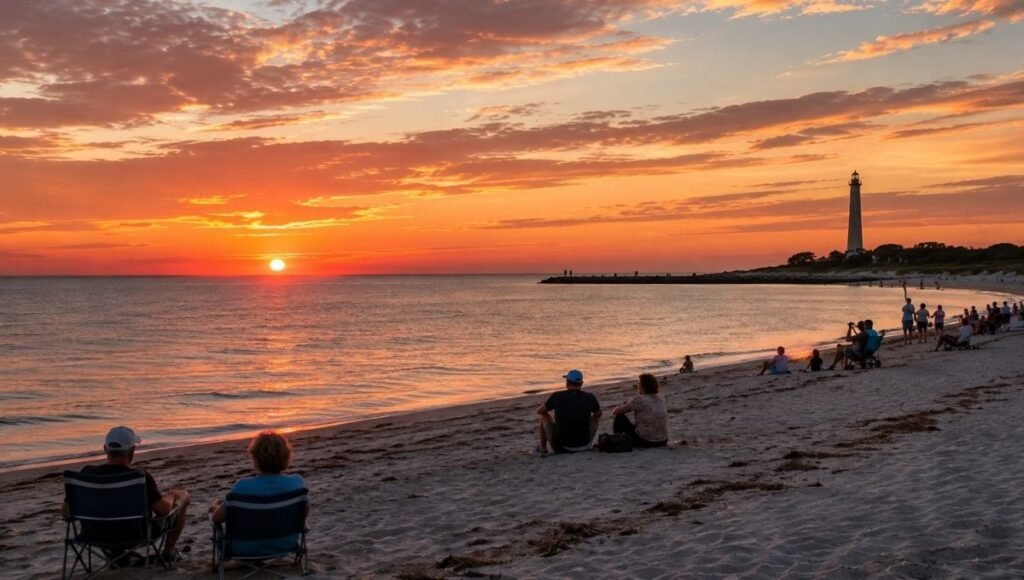 Cape May Point New Jersey beach at sunset with orange and pink sky over Delaware Bay and Cape May Lighthouse silhouette visible in the distance