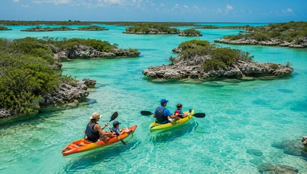 Family kayaking on the impossibly turquoise Chalk Sound National Park lagoon in Providenciales Turks and Caicos surrounded by tiny limestone islands