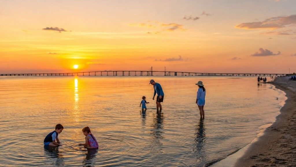 Chick's Beach on the Chesapeake Bay in Virginia Beach showing calm flat shallow water with young children playing safely and the Bridge-Tunnel visible in the distance at sunset