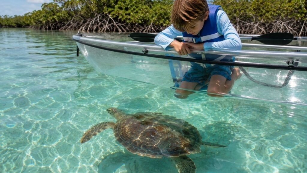 Child looking through the transparent hull of a clear kayak at a green sea turtle swimming below in crystal clear turquoise water at Mangrove Cay Turks and Caicos