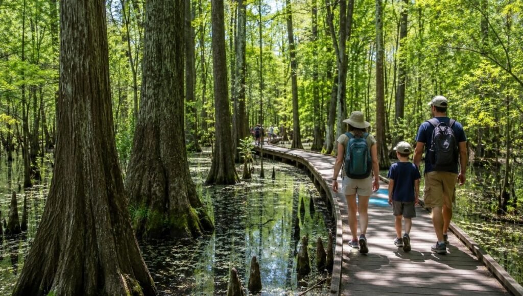 First Landing State Park Virginia Beach bald cypress swamp trail with tall cypress trees rising from water and family hiking on elevated boardwalk through spring green foliage