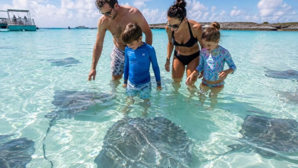 Family wading in shallow Caribbean water at Gibbs Cay Grand Turk Turks and Caicos surrounded by southern stingrays gliding around their legs