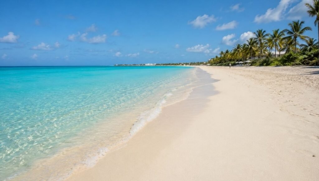 Grace Bay Beach Turks and Caicos in November showing nearly empty white sand beach with crystal clear turquoise water and peaceful uncrowded atmosphere