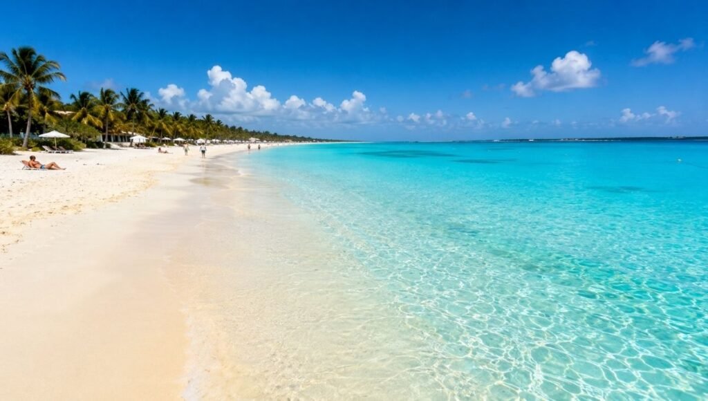 Grace Bay Beach Providenciales Turks and Caicos panoramic view showing world famous white powder sand beach and impossibly turquoise crystal clear Caribbean water