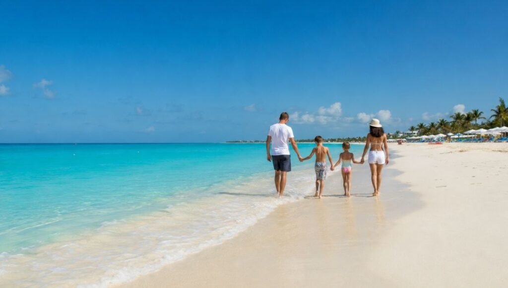 Grace Bay Beach Providenciales Turks and Caicos in peak season showing perfect turquoise water white sand and clear blue sky with family walking along the shoreline