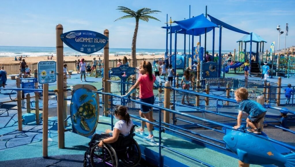 Grommet Island Park accessible beach playground at 40th Street Virginia Beach with ocean-themed equipment and children playing with Atlantic Ocean visible in the background