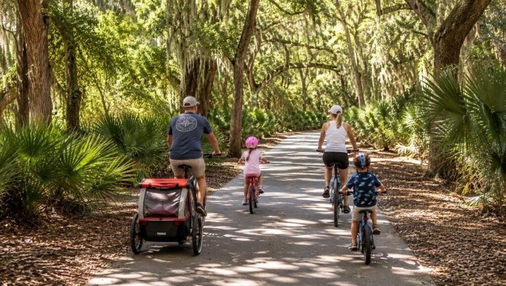 Family with children cycling on a paved bike path through live oak and Spanish moss forest on Hilton Head Island South Carolina