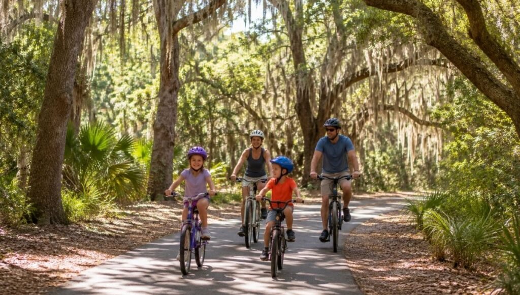 Family cycling together on paved bike path through live oak and Spanish moss forest on Hilton Head Island South Carolina