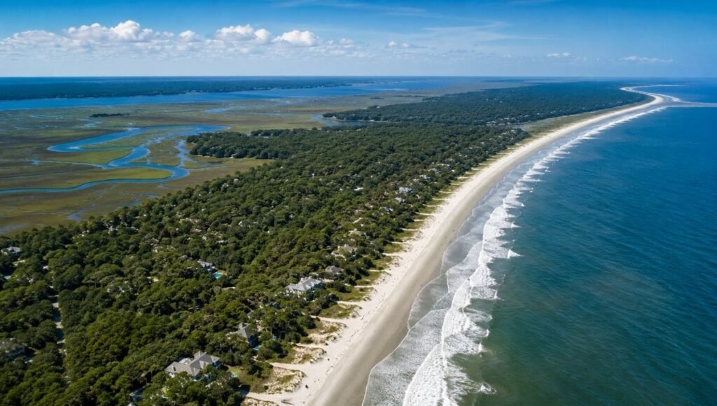 Aerial view of Hilton Head Island South Carolina showing wide Atlantic beach lush tree canopy and tidal creeks with no high-rise buildings visible