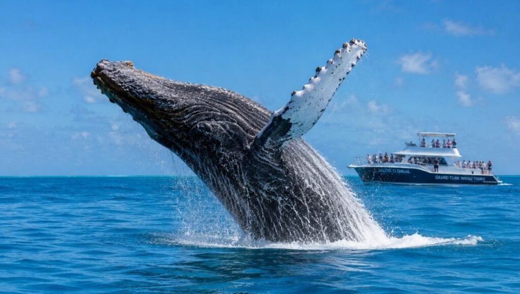 Humpback whale breaching out of calm Caribbean water near Grand Turk Turks and Caicos during the February whale watching season with a boat visible in the background