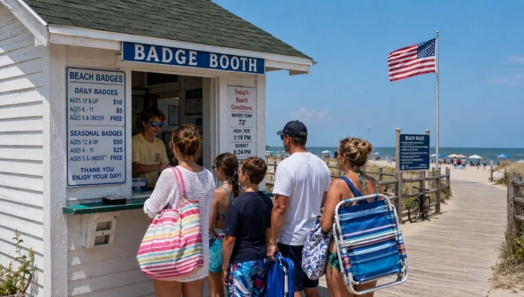 Jersey Shore beach badge booth at beach entrance where visitors purchase daily beach badges with prices posted and families waiting in line
